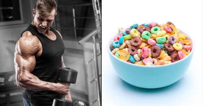 Man training alongside a bowl of cereal